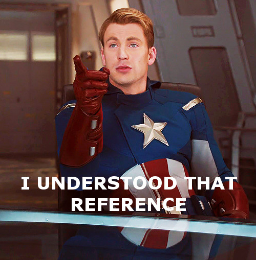 Chris Evans as Captain America in The Avengers, pointing and commenting "I understood that reference".